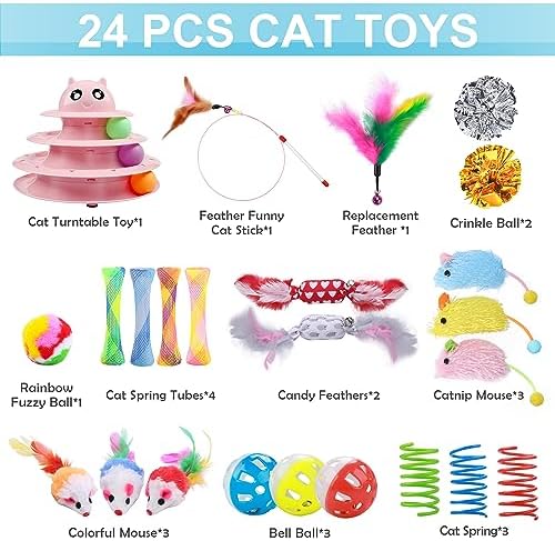 UPSKY 24 PCS Cat Toys Set with Teaser, Mice, Spring, and Various Ball Toys | Puzzle Kitten Toys, Sturdy Structure, Detachable Design, Easy to Assemble, Anti-Slip, Reduces Boredom for Indoor Cats