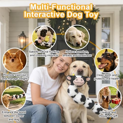 20.47 Inch Cow Long Plush Squeaky Dog Toy, Durable Chew Toy for Puppy Teething, Interactive Tug-of-War Toy for Small Medium Large Dogs