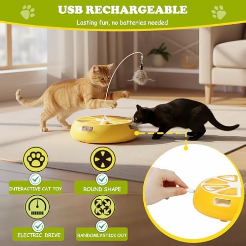 Puffluv Interactive Cat Toy,2 in 1Fruite Shape Toys with Electric Moving Concealed and Hanging Feathers Pop and Play Hide Seek, Hunting,Tpye-C Rechargeable-Yellow Lemon