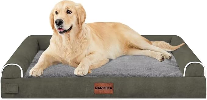 Orthopedic Dog Bed for Large Dogs, 36 x 27 Inch, Dark Green | Egg crate foam for joint support, 3-sided bolster pet sofa, waterproof lining, washable cover, and non-skid base