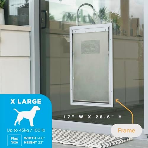 Hakuna Pets Deluxe Aluminum Pet, Cat and Dog Door with 2-Way Locking Panel for Screens, Doors and Walls up to 2.8" Thick, X-Large, Silver