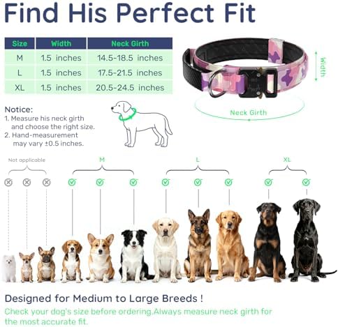 Premium Tactical Dog Collar - Adjustable Military Heavy Duty Dog Collar for Medium Large Dogs - Durable Metal Buckle Dog Collar with Leather Control Handle and Soft Comfortable Padding