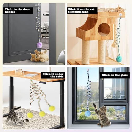 Andiker Cat Spring Toy, Self-Play Stretchable Door Hanging Cat Toy with Bell for Indoor Interactive Cat Toy, Soft Plush Ball with Spring Kitten Toy for Cat Kitten Playing Exercising (Yellow+Blue)
