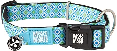 Max & Molly Urban Pets Smart ID Dog Collar - Soft Neoprene, Waterproof, Machine Washable, Power Buckle, Gotcha! QR Tag & Custom App Profile, Retro Blue L