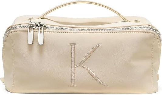 EACHY Travel Makeup Bag, Large Capacity Cosmetic Bag for Women, Waterproof PU Leather, Flat Open Portable Toiletry Bag for Skincare, Brushes & Travel Essentials