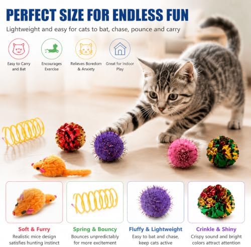 LOS ANDES 8 Pack Cat Toy Assortment, Interactive Crinkle Balls Plush Mice Spring Toys, Indoor Boredom Relief Toys for Kittens & Cats