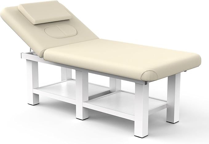 pouseayar Metal Frame Wide Stationary Massage Table for Treatment Table Physical Therapy Table Spa Facial Bed, PU Leather 31.5'' Wide 75'' Long (Beige Grey, Segmented Structure)