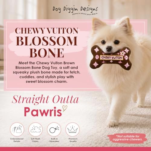 Dog Diggin Designs Chewy Vuiton Brown Blossom Plush Dog Toy Bone | Luxury-Inspired Parody Designer Bone with Squeaker, Soft Plush Chew & Play Dog Toy – Prêt-à-Porter Play!