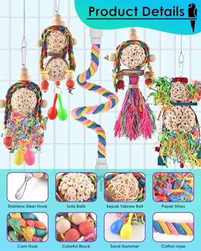 Bissap Conure Toys, 5 PCS Bird Foraging Shredder Hanging Swing Rope Perch Toys Sola Balls with Sand Hammer for Small Parrots Parakeets Conures Cockatiels Love Birds Cage Toy
