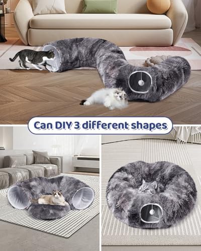Cat Tunnel Bed with 20 Pcs Interactive Toys, 3-in-1 DIY Collapsible Plush Cat Tube with Washable Mat, Large Indoor Play Tunnel Cave for Kittens and Small Animals