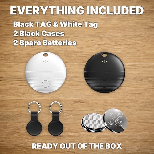 2-Pack Bluetooth Tracker Tags Black & White for Android, Works with Google Find Hub — Key Finder with 105dB Loud Alarm, Ultra Thin, 2 Silicone Keyring Cases & 2 Extra CR2032 Batteries Included