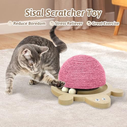 Fhiny Cats Scratching Ball, Natural Sisal Scratching Toy with Roller Track Toys and Wooden Base Kitten Turtle Shape Scratch Post for Indoor Cats Interactive Training Exercise Scratcher for Small Pets