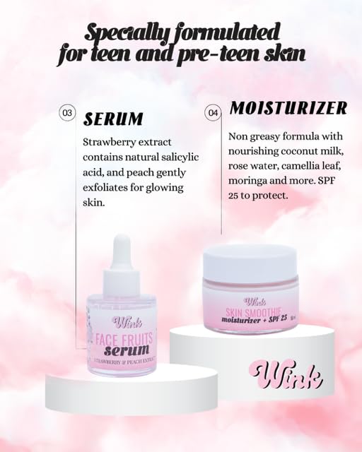 Wink Skin Care Kit for Teens | Plant-Based Facial Kit for Girls & Tweens, 4-Piece Set with Milk Cleanser, Rose Petal Toner, Face Fruit Serum & SPF Moisturizer, Mom-Approved Essential Kit for Young