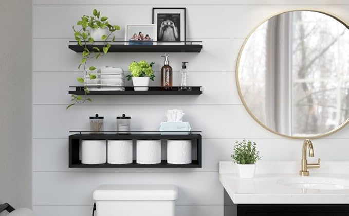 Floating Shelves for Wall 24 inch with Cube Shelf, Wall Shelves with Metal Rail for Decor, Bathroom Organizers and Storage, Over Toilet Shelves for Bathroom, Toilet Paper-Black