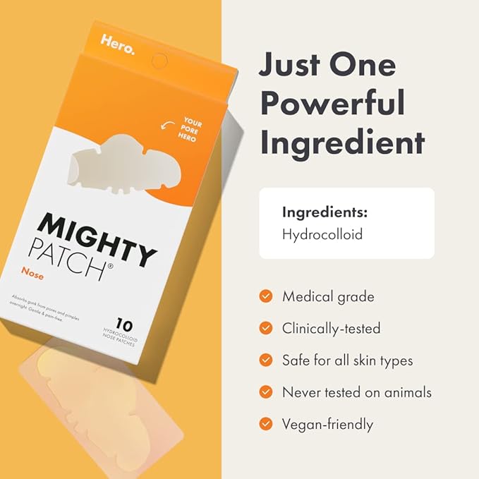 Mighty Patch Nose Pimple Patches from Hero Cosmetics, Large Hydrocolloid Pore Strips, Dermatologist Approved, Overnight, Pimple Stickers to Absorb Acne Nose Gunk, 10 Count (Pack of 2)