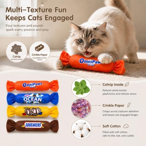 Gochanmon Cat Toys Candy Pillows,4 Pack, Catnip Inside,Soft and Durable Kick Sticks with Crinkle Sound, Interactive Indoor Kitten Play and Exercise Toy 7.9 Inches