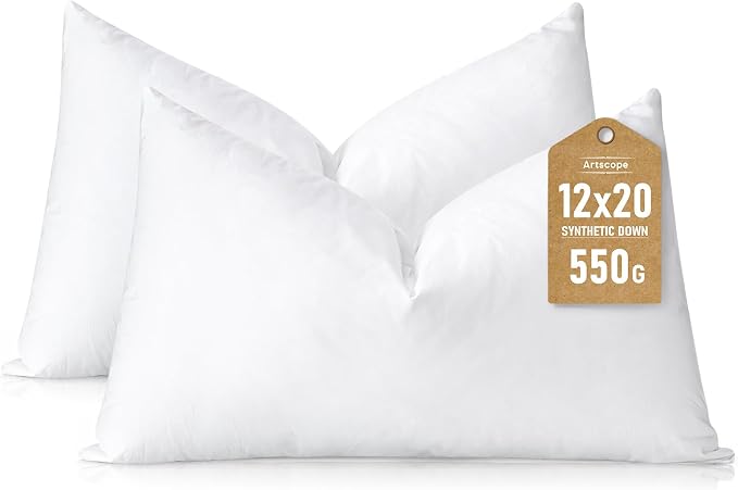 Artscope Synthetic Down Pillow Insert, 12x20 Throw Pillow Inserts Set of 2 | Down Alternative Ultra Soft Fluffy Sleeping Pillow, 100% Cotton Cover, Decorative Pillows-White