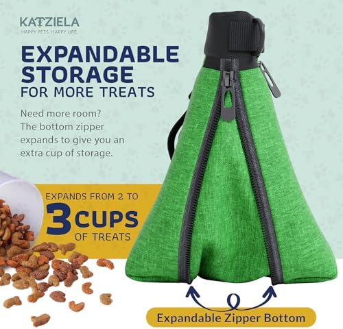 Katziela Expandable Pet Treat Pouch - Hands Free Dog Treat Pouch, Quick Access Magnet Closure - Anti Spill Dog Treat Bag - Treat Pouches for Pet Training, Adjustable Shoulder Strap & Belt Clip (Green)