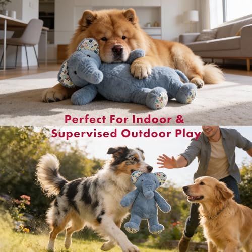 Petlou Dog Plush Toys,Crinkle Toy, Interactive Stuffed Squeaky Toys Chew for Medium Small Large Dogs,Cute (15" Promo Elephant-Blue)