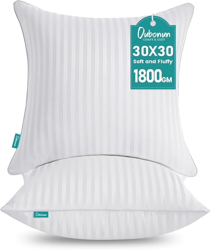 Oubonun 30 x 30 Throw Pillow Inserts Set of 2 | Firm and Fluffy Decorative Square Pillows for Couch Bed Sofa with Soft Cotton Cover White Cushion with Down Alternative