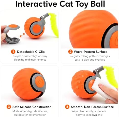 2Pcs Interactive Rolling Cat Ball Toy Pack, Automatic Moving Cat Toy Set with Detachable Plush Tails, Dual Speed & Dual Mode Rechargeable Kitten Toys（Blue+Orange）