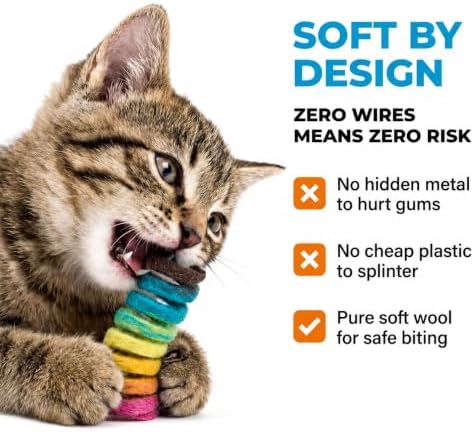 Glaciart One Felt Mini Spring Cat Toy – 10 Pcs Soft Fuzzy Enrichment 100% Natural Wool - Interactive Stretchable Play Cat Toy Set - Safe for Pets, Non-AZO Colored Dyes - 11” Long