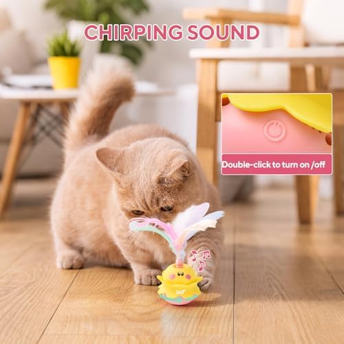 LIFLIX Interactive Automatic Cat Feather Toy, Rotating with LED Light, Rechargeable Electronic Chirping Toys for Indoor Cats, Yellow