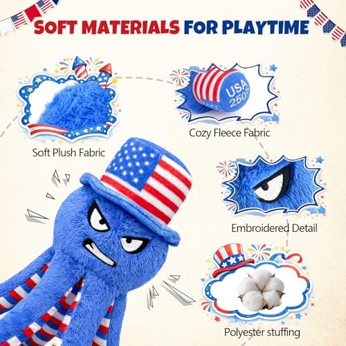 Patriotic 4th of July Dog Toys, 3-Pack Squeaky Crinkle Plush Set