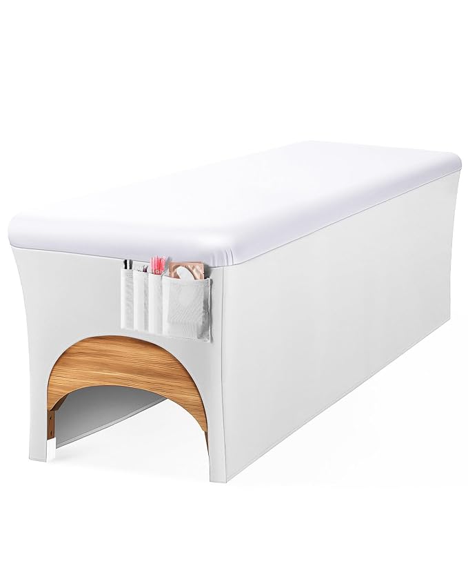 Onism Lash Bed Cover for Eyelash Extensions - Professional 6ft Massage Table Cover with Side Storage Pocket, Waterproof PU Leather & Stretchy Spandex Sides, Wipeable Spa Bed Sheets (White)