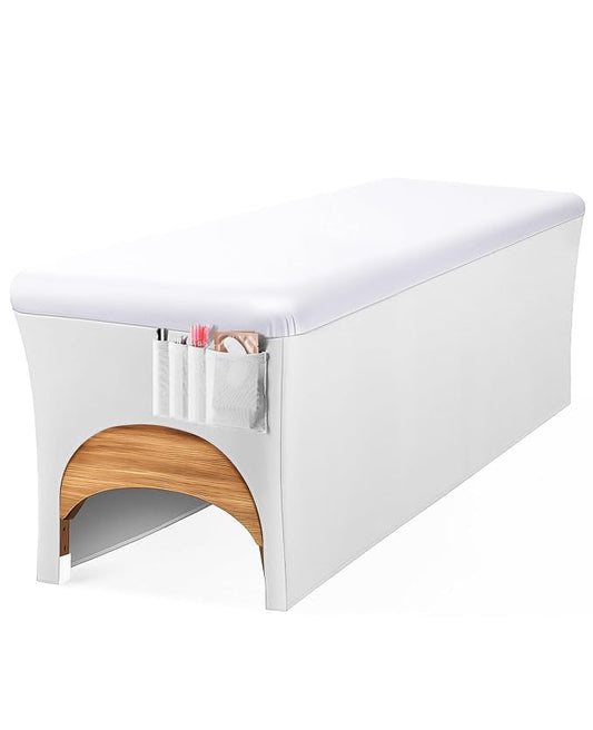 Onism Lash Bed Cover for Eyelash Extensions - Professional 6ft Massage Table Cover with Side Storage Pocket, Waterproof PU Leather & Stretchy Spandex Sides, Wipeable Spa Bed Sheets (White)