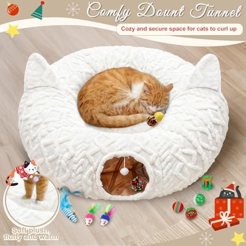 White Plush Christmas Cat Tunnel Tree Skirt with 11Pcs Interactive Cat Toys