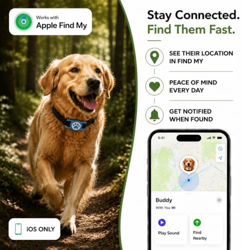 Dog Tracker with Apple Find My, GPS Pet Tracker for Dogs and Cats | Real-Time Location Tracking, No Monthly Fee or SIM Card, Waterproof Dog Collar Tracker with Holder, iOS Only Pet Locator