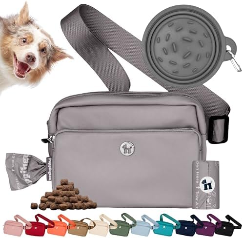 Puppington 3-in-1 Crossbody & Dog Treat Pouch for Pet Training - Matching Compostable Poop Bags, Built-In Poop Bag Dispenser & Slow-Feeding Travel Dog Bowl - Dog Walking Bag (Charcoal Gray)
