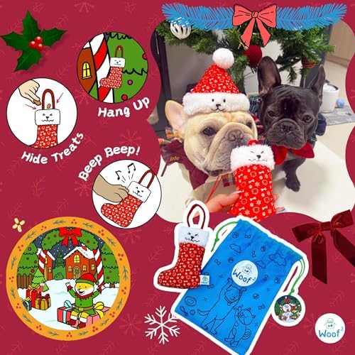 Christmas Stocking Nose-Work Plush Dog Toy, Durable Soft Squeaky with Hidden Treat Pocket, Crinkle Paper Sound, Hangable Design for Small, Medium & Large Dogs