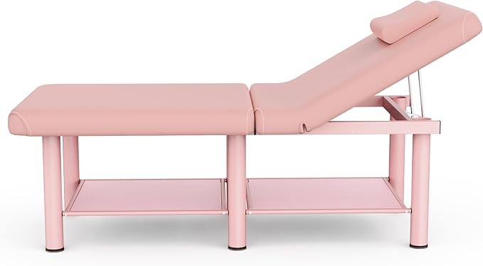 Folding Stationary Massage Table with Backrest and Storage Space for Treatment Table Physical Therapy Table Spa Facial Bed, 6 Round legs Metal Frame PU Leather, 30.5'' Wide × 75'' Long - Pink