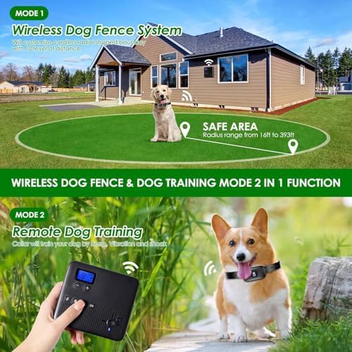 2 in 1 Wireless Dog Fence & Remote Training Collar, Pet Containment System