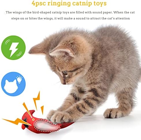 Cat Catnip Toys Interactive Cats 4pcs Kitten Plush Nip Chew Bird Toy with Crinkle Paper Pet Best Treats Stuffed Pillow Cute Teething Play Gifts Soft Kick Sound Supplies for Indoor Kitty