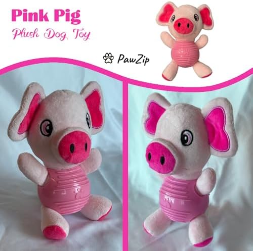 Pink Pig Plush Chew Toy for Dogs, Soft Plush Dog Toy with Durable Ball for Small, Medium, Large Dogs.