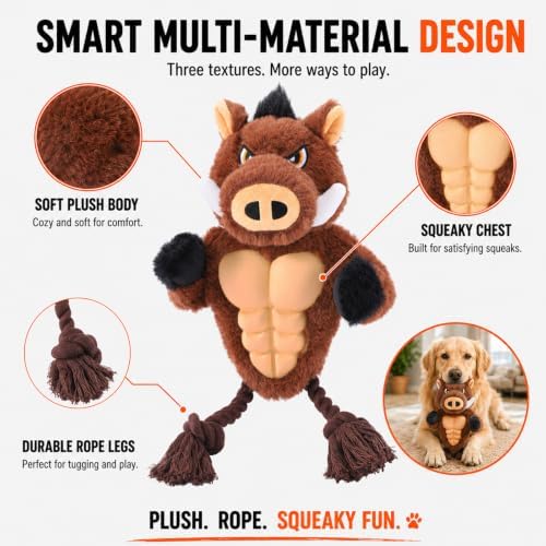 Boar Rope & Plush Dog Toy with Squeaker, Interactive Tug Toy for Medium to Large Dogs, Multi-Texture Toy for Tug, Toss & Supervised Play