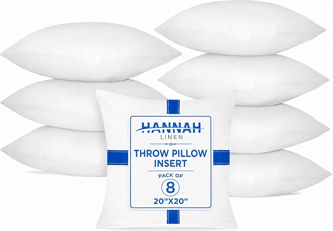 Hannah Linen Throw Pillow Inserts 20x20 – 8 Pack Square Decorative Cushion Stuffers for Couch, Sofa & Bed – Soft Fluffy Polyester Filled Pillow Inserts for Indoor Home Décor