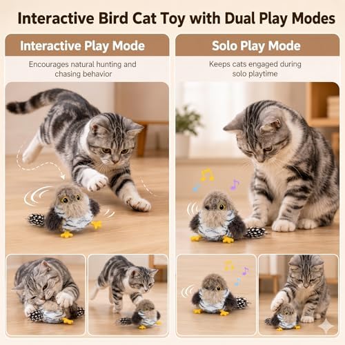 Flapping Bird Cat Toy, Cuckoo Plush Touch Activated Bird Chirp Cat Toy with Refillable Catnip, USB Rechargeable Interactive Kitten Exercise Toy,4.92"(No Flying)