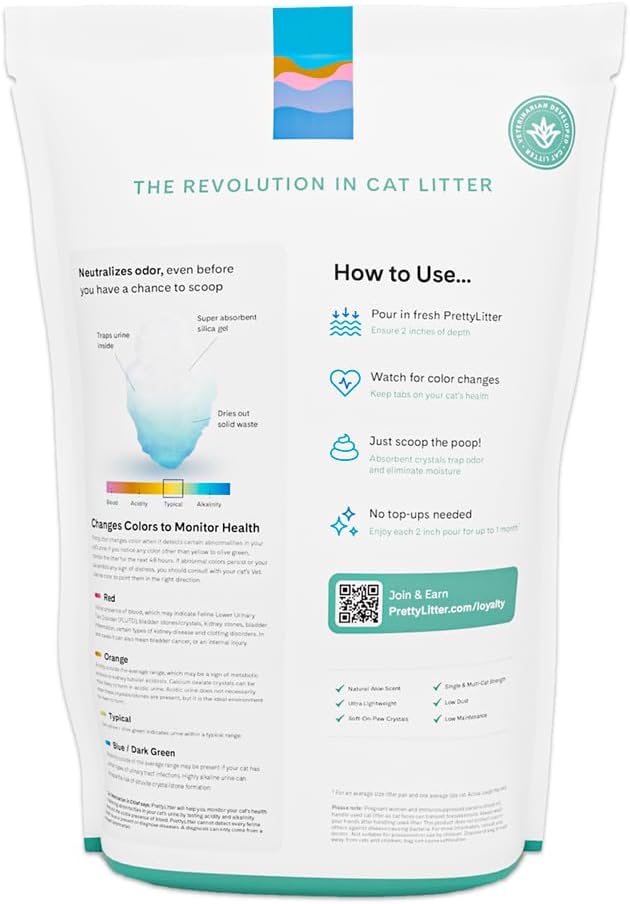 PrettyLitter Health Monitoring Cat Litter, Calm Aloe, 6 lb. Bag | Up to 1 Month Supply, Non-Clumping, Advanced Odor Control, Automatic Litter Box Compatible, Color Changing Silica Crystals