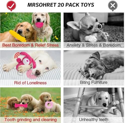 MRSOHRET 20Pcs Puppy Chew Toys for Teething, Dog Chew Rope Toys, Pet Dog Toothbrush, Treat Balls, Plush Squeaky Toy for Small Medium Dogs with Basket