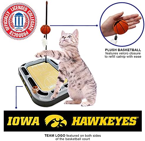 CATS SCRATCHER NCAA Iowa Hawkeyes Basketball Court CAT Scratcher Toy with Catnip Filled Plush Basketball Toy & Feather Cat Toy Hanging, with Jingle Bell Interactive Ball Cat Chasing 5-in-1 Kitty Toy