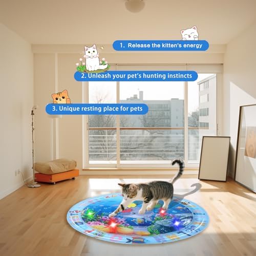 Cat Water Mat with LED Light, Multi-Color Lighted Cat Play Mat, Interactive Cat Toy, Anti-Scratch Design Pet Water Mat