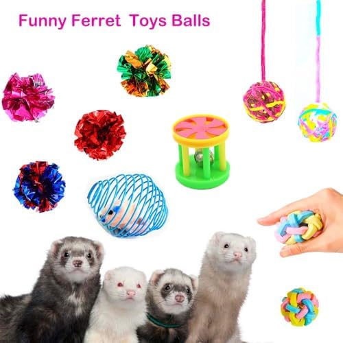12 pcs Ferret Squeaky Toy Balls Squeaker Toys Teething Colorful Bouncy Rubber Bell Balls Mylar Crinkle Interactive Sound Toy Exercise Scratch Chew Toys for Ferrets Pet Cat Dogs