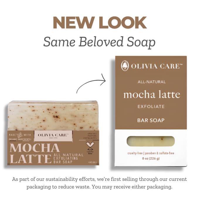 Olivia Care Exfoliating Bar Soap, Coffee Beans, 100% Natural, Organic Ingredients, Clean Energize Mind Body, Full of Vitamin, Antioxidants & Minerals (Mocha Latte)