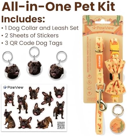 Brindle French Bulldog Polyester Dog Collar and Leash Set with Bowtie, Smart & Safe Design, Includes 1 ID Tag + 3 Frenchie Dog Tags for Instant Location & 2 Sticker Sheets,Gift Set,M