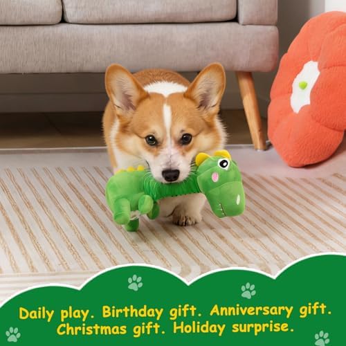 Hollypet Plush Dog Squeaky Toys Shaking and Sound-Making Dog Toy，Dinosaur