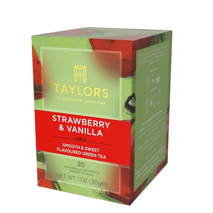 Taylors of Harrogate Strawberry & Vanilla, Green Tea, Individually Wrapped Bags, 20 Count (Pack of 6), Smooth, Juicy and Sweet, Caffeinated, Enjoy Hot or Iced, 120 Teabags Total